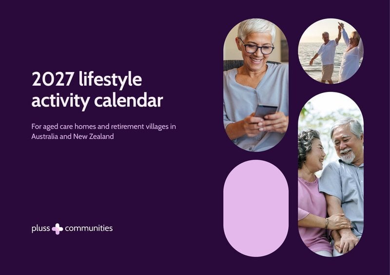 Cover of the Pluss 2027 lifestyle activity calendar for aged care homes and retirement villages