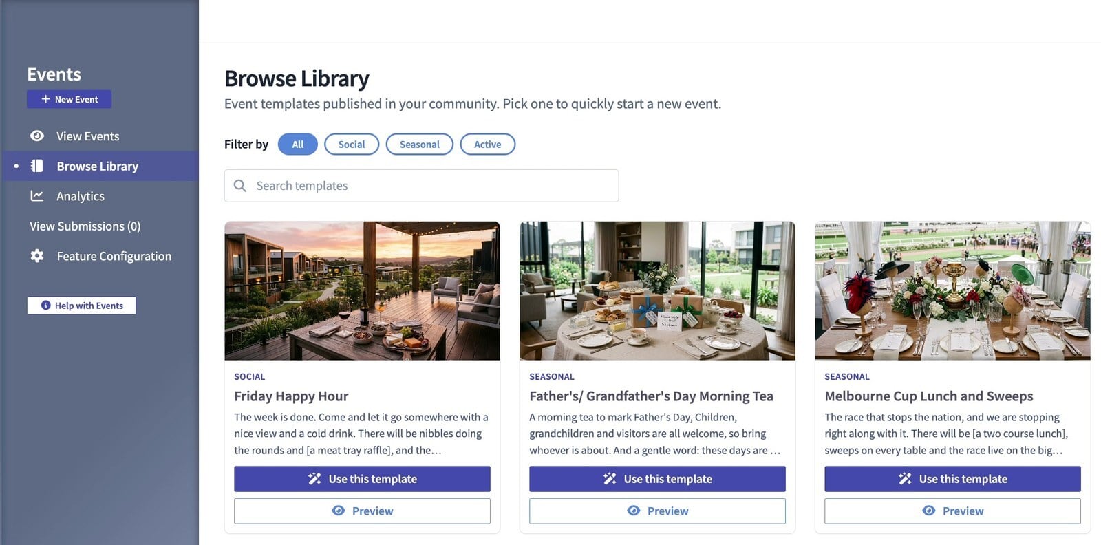 Event templates in the content library in Community Manager